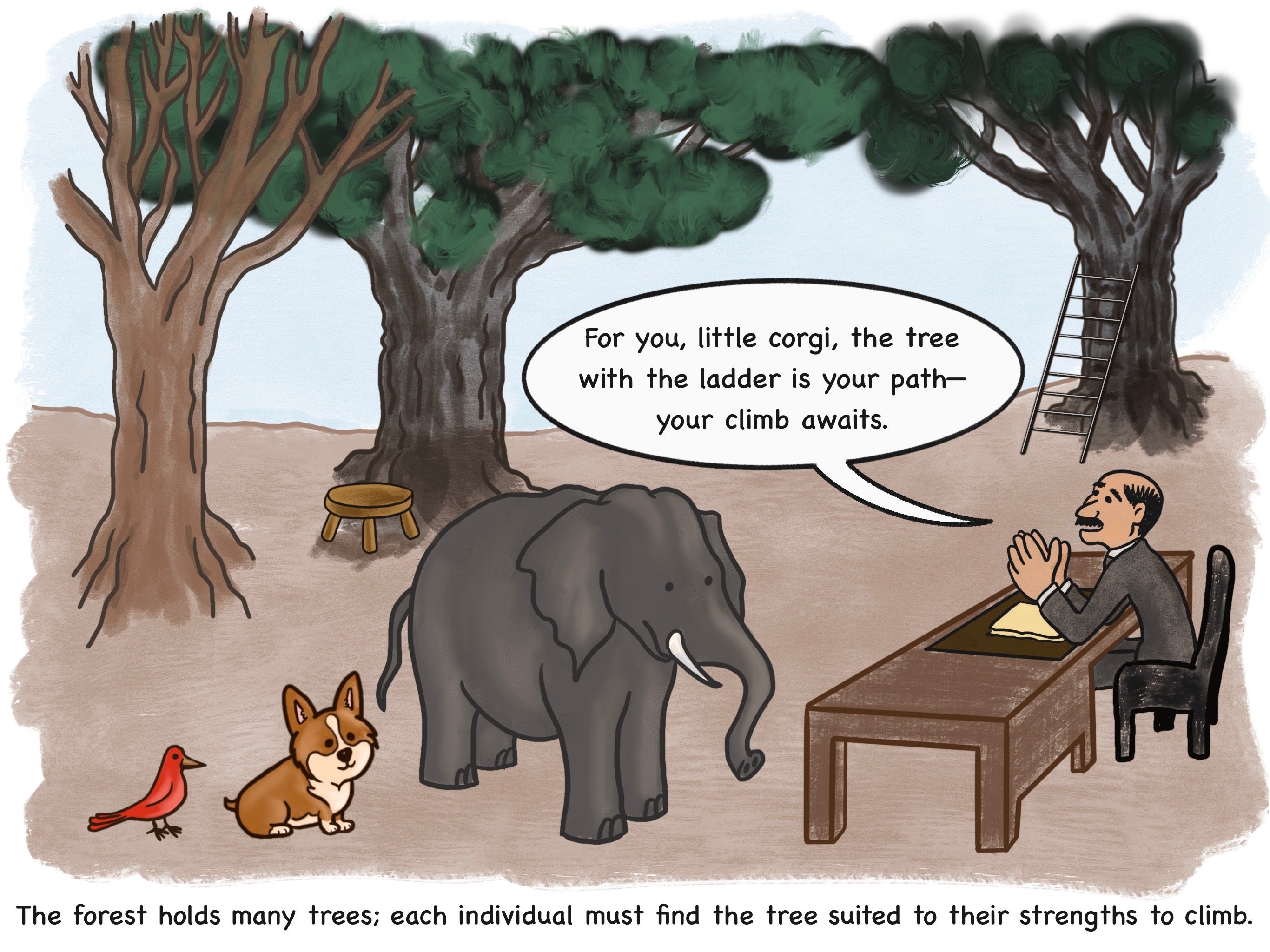 Cartoon with a seated man providing advice, in English, to a bird, dog, and an elephant.